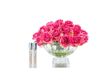 Load image into Gallery viewer, COTE NOIRE LUXURY CENTREPIECE - 37 ROSEBUDS IN MAGENTA & SILVER BADGE