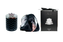 Load image into Gallery viewer, COTE NOIRE HERRINGBONE CANDLE WITH SCARF - BLACK & SILVER - FLOWER BROOCH - PINK CHAMPAGNE