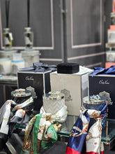 Load image into Gallery viewer, COTE NOIRE HERRINGBONE CANDLE WITH SCARF - BLACK &amp; SILVER - FLOWER BROOCH - PINK CHAMPAGNE
