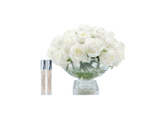 Load image into Gallery viewer, COTE NOIRE LUXURY CENTREPIECE - 37 ROSEBUDS IN IVORY WHITE &amp; SILVER BADGE
