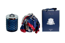 Load image into Gallery viewer, COTE NOIRE HERRINGBONE CANDLE WITH SCARF - NAVY &amp; SILVER - CROWN BROOCH - GARDEN IN VERSAILLES
