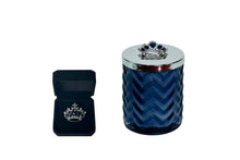 Load image into Gallery viewer, COTE NOIRE HERRINGBONE CANDLE WITH SCARF - NAVY &amp; SILVER - CROWN BROOCH - GARDEN IN VERSAILLES
